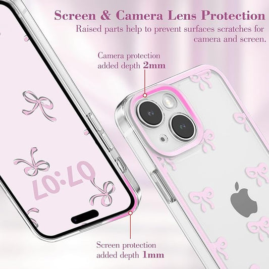 EYZUTAK Case for iPhone 15, Clear Cute Ribbon Bowknot Pattern Aesthetic Transparent Phone Case Raised Camera Protection Stylish Slim Soft Durable TPU Protective Cover for Women Girls - Pink