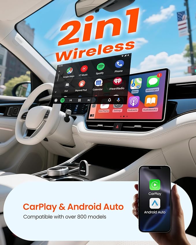 Mini 2-in-1 Wireless CarPlay & Android Auto Adapter GETPAIRR Mini 2, Dual WiFi 6 /Bluetooth 5.4, Auto-Reconnect, Stable Control and No Delay, Easy Setup for 98% OEM Wired Cars (2025 Upgrade)