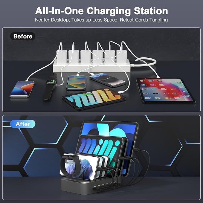 MSTJRY 90W 6-Port USB C Fast Charging Station for Multiple Devices, Multi PD Charger Station for iPhone iPad Tablet Phone, Charging Dock Organizer with Adjustable Dividers for Home Office Classroom