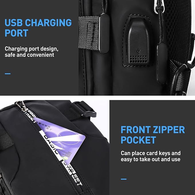 Anti Theft Sling Crossbody Backpack Shoulder Bag for Men, Lightweight One Strap Motorcycle Back pack Sling Bag Backpack for Hiking Walking Biking Travel Cycling with USB Charger Port