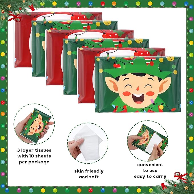50 Pack Christmas Santa Claus Pocket Tissues Individual Packs Bulk 3 Ply Xmas Elf Wallet Travel Facial Tissues for Christmas Party Supplies