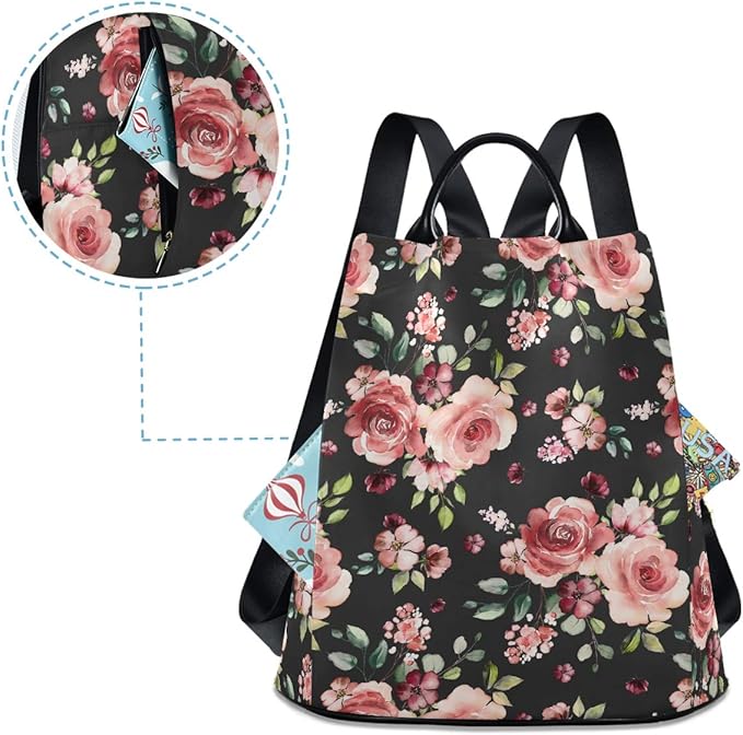 ALAZA Rose Flowers Floral Black Backpack Purse for Women Anti Theft Fashion Back Pack Shoulder Bag