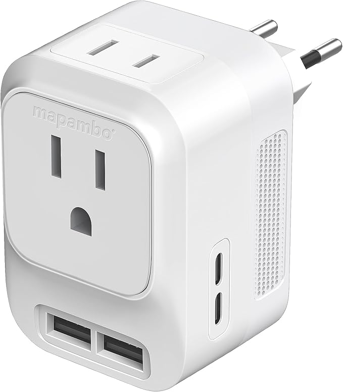 Mapambo Voltage Converter US to Europe Travel: International Universal Travel Adapter with Fast Charging 2 USB-A 2 USB-C Port Worldwide Power Converters Plug Combo for Spain Italy (White)