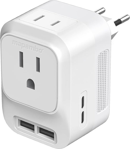 Mapambo Voltage Converter US to Europe Travel: International Universal Travel Adapter with Fast Charging 2 USB-A 2 USB-C Port Worldwide Power Converters Plug Combo for Spain Italy (White)