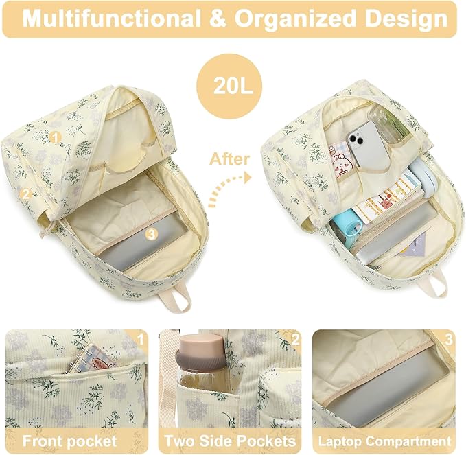 School Backpack for Teens Large Corduroy Bookbag Lightweight 15.6 inch Laptop Bag for Girls Women Casual High School College