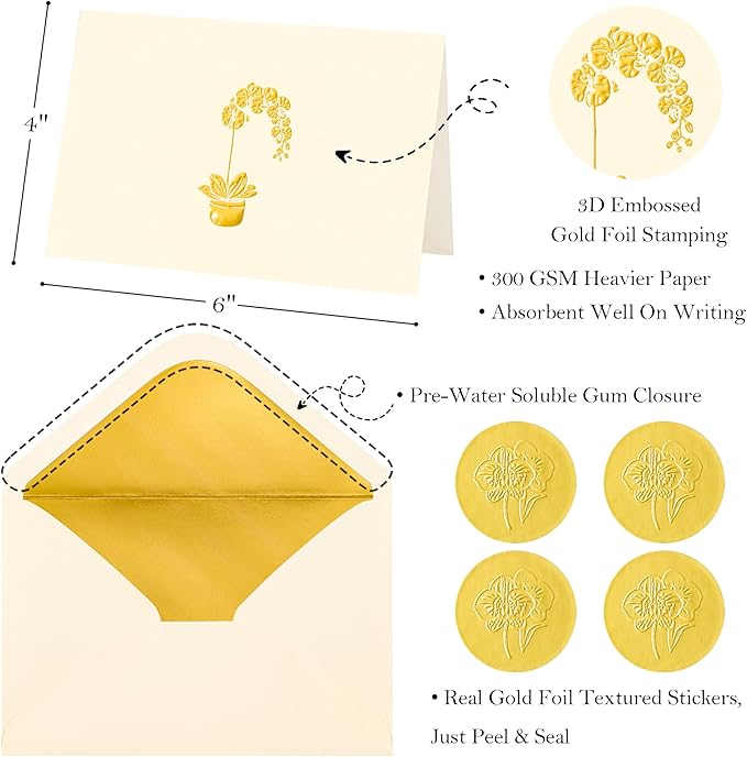 Crisky 50 Pack Blank Cards and Envelopes 4x6, Embossed Gold Foil Orchid Blank Greeting Cards Bulk for Wedding, Bridal Shower, Baby Shower, Birthday Party Decoration Favors