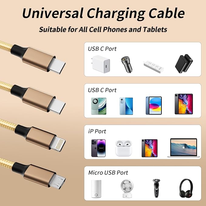 USB C Multi Charging Cable [2Pack 4FT], 3 in 1 Charging Cable Nylon Braided USB-C Multiple Charger Cord with Type-C, Micro USB and IP Port for Cell Phones and More (Golden)
