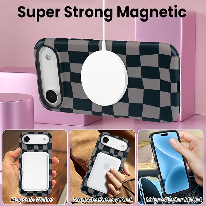 SOKAD Magnetic Checkered Phone Case for iPhone Air, Cute Grids Plaid Checkerboard Pattern Compatible with Magsafe Matte Protective Case Cover with Screen Protector for Girls Women, Black & Brown