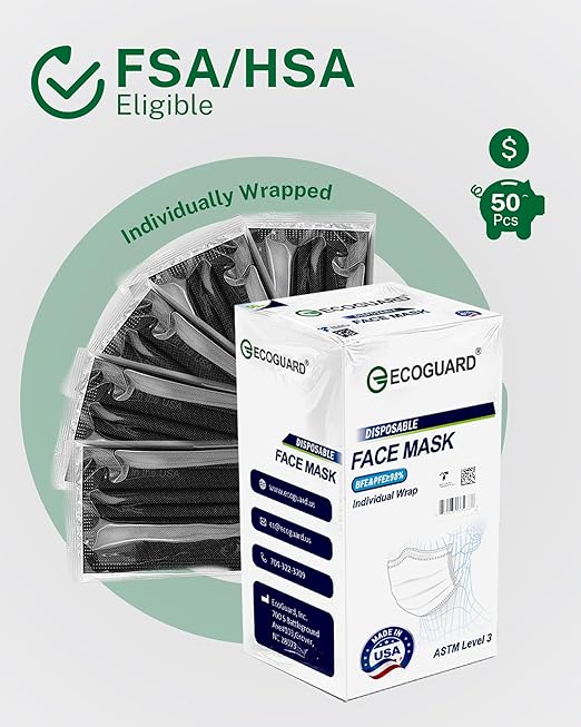 Disposable Face Masks Made in USA, 4 Ply for Families, Students, Breathable All-Day Wear & Safety, ASTM Level 3 Medical Grade, 50 Pack Individual Wrap, Black
