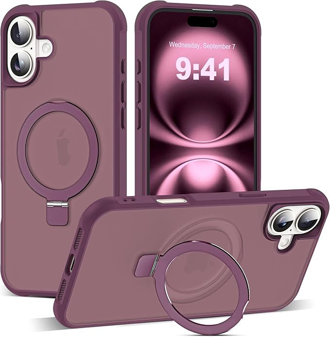 Compatible with iPhone 16 Plus Case with Invisible Magnetic O-Ring Stand Military-Grade Translucent Case for iPhone 16 Plus 6.7" [Compatible with Mag-Safe][Great Grip Feeling], Wine Red