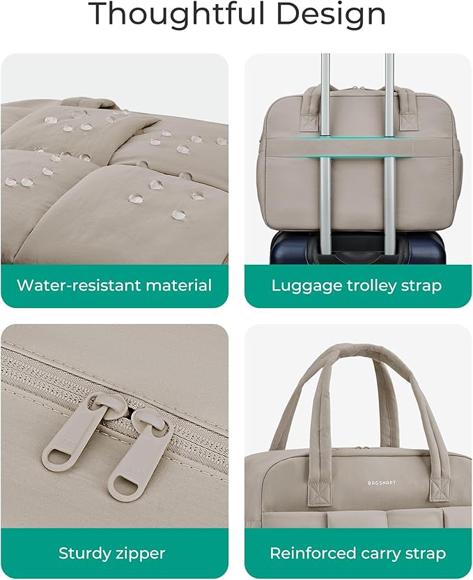 BAGSMART Gym Bag for Women, 24L Puffer Travel Duffle Bag for Travel with Laptop Compartment, Weekender Bags for Women, Carry On Duffel Bag Personal Item Bag, Camel