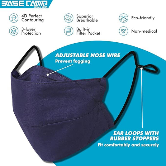 BASE CAMP Reusable Cloth Dust Face Masks 100% Cotton Washable Adjustable Breathable Fabric Mask with Filter Pocket