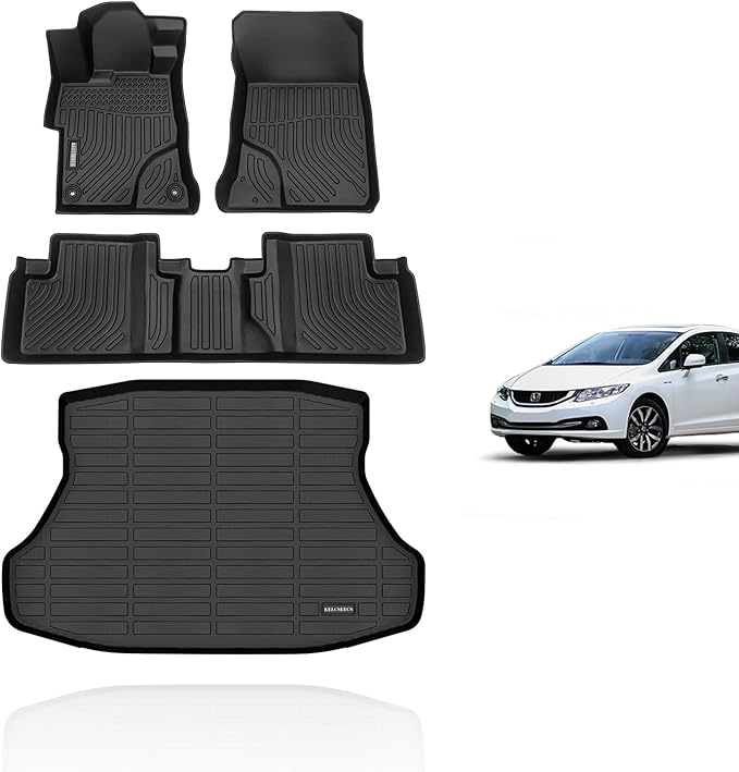 KELCSEECS All Weather Floor Mats & Cargo Liner Set for 2015 2014 2013 2012 Civic & Civic Si Only Sedan (Not Coupe) Car Mats Cargo Mat Floor Liners Trunk Mat Civic Trunk Liner
