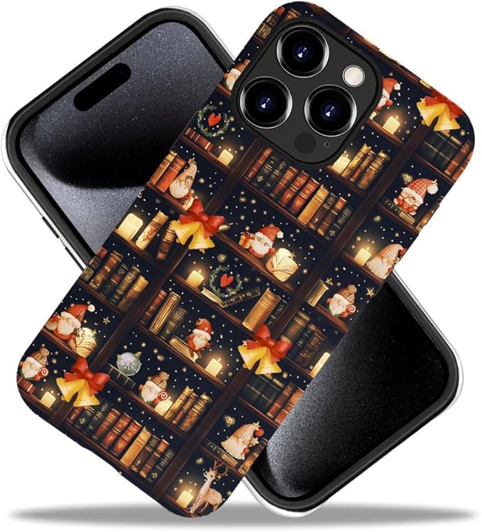 DAIZAG Case Compatible with for iPhone 16 Pro Max,Christmas Santa Claus Bookshelf Bells Phone Case for iPhone 16 Pro Max for Girl Women Boy Men