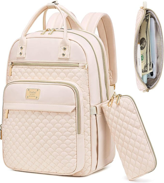 Laptop Backpack for Women,15.6 Inch Laptop Backpack for Work,Water Resistant Travel Backpack,College Bookbag with Wallet (Beige)