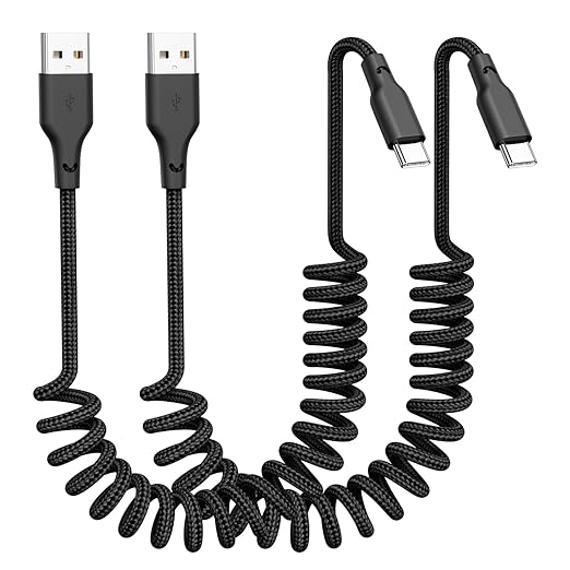 Car Carplay Cable 2Pack 3ft Coiled USB A to USB C Fast Charge Cord for iPhone 17/16/15/Plus/Pro Max/MacBook Pro, Auto Coiled Retractable iPhone Car Cord