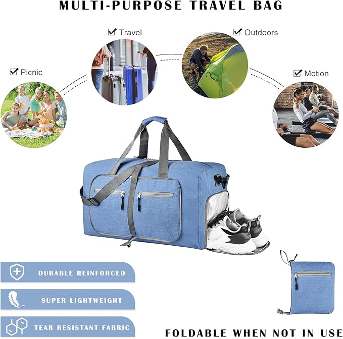 Dimayar 40L Travel Duffle Bag for Men Women - Foldable Duffel Bag with Shoes Compartment - Overnight Bags Waterproof & Tear Resistant(Blue)