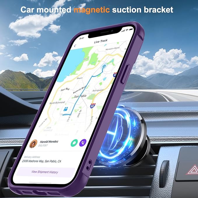 Magnetic Compatible with iPhone 12/12 Pro Case with Stand [Military Grade Drop Tested][Compatible with Magnet] Ring Translucent Slim Hard Back Soft Edge, Purple