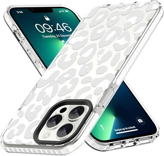 ZIYE Clear Case for iPhone 13 Pro Phone Case White Leopard Design Shockproof Soft TPU Bumper Protective for Women Girls Girly Cute Cover for