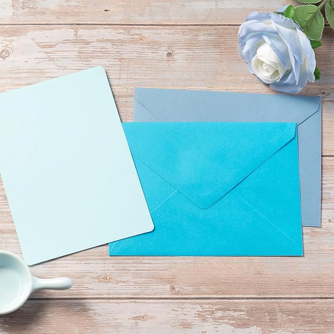 Wishop 25 Pieces A7 Colored Envelopes with Cards and Stickers Set 5 Colors for Weddings, Invitations, Birthday, Baby Shower, 5x7 inches (Blue 5Colors)