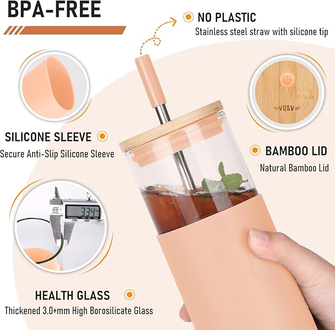 Glass Tumbler w/Lids & Straw - 24oz Reusable Glass Mug/Bamboo Lid & Stainless Steel Straw-BPA Free, Leak-Proof, Dishwash Safe for Coffee, Smoothies, Hot Beverages, Travel, Office, Home Use，2-PK