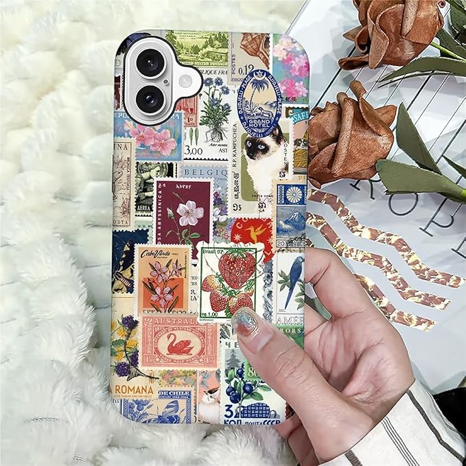 Case for iPhone 16,Vintage Stamp Collage for Woman Men Full Body Protective Cover Shockproof 2 in 1 Silicone + Hard PC Case for iPhone 16