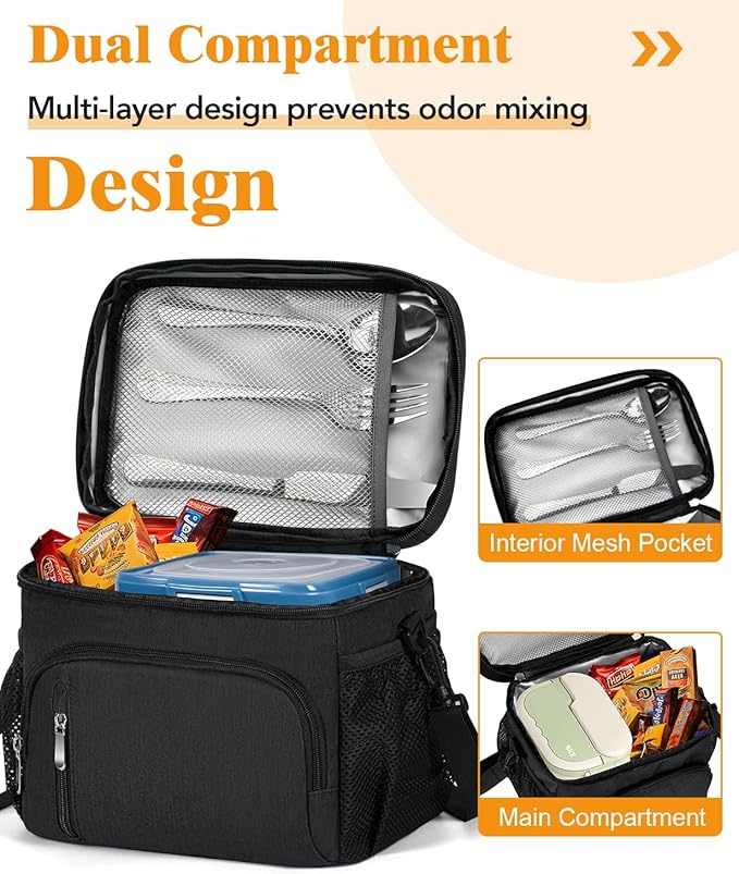 Insulated Lunch Bag for Men & Women - Leakproof Lunch Box Soft Cooler Tote, Adjustable Strap, Reusable Lunch Box for Work Office Picnic Beach Travel-Black