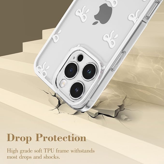 EYZUTAK Case for iPhone 16 Pro Max, Clear Cute Ribbon Bowknot Pattern Aesthetic Transparent Phone Case Raised Camera Protection Stylish Slim Soft Durable TPU Protective Cover for Women Girls - White