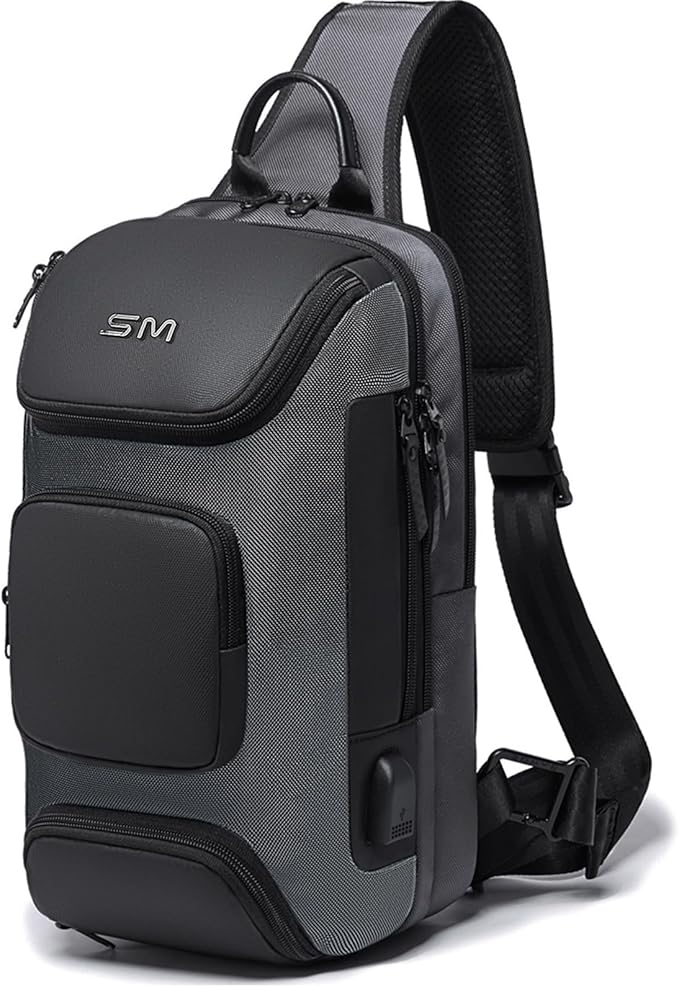 SMONT Sling Bag Crossbody for Men, 14.2 inch Anti Theft Waterproof Chest Shoulder Bag with USB Charging Port