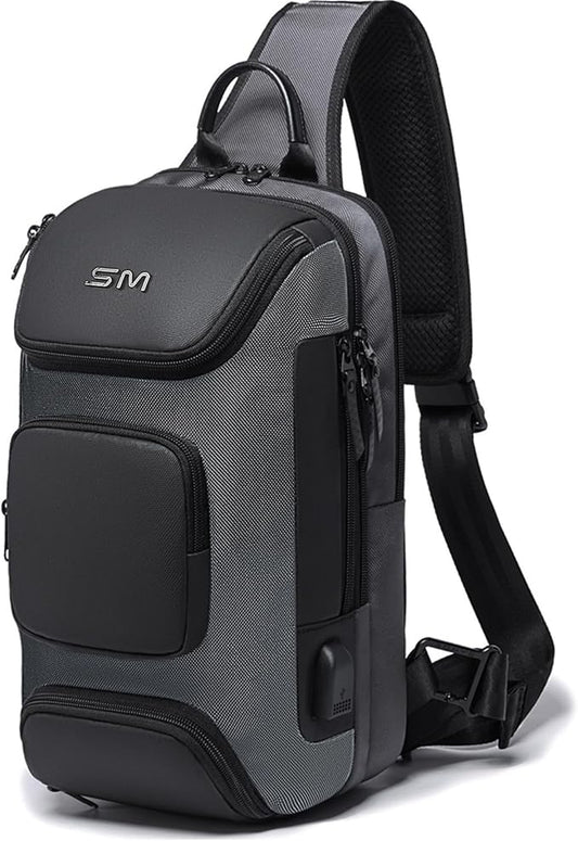 SMONT Sling Bag Crossbody for Men, 14.2 inch Anti Theft Waterproof Chest Shoulder Bag with USB Charging Port