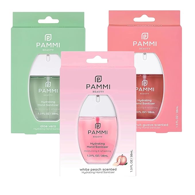 PAMMI Hand Sanitizer Spray Travel Size - Mini Scented Hand Sanitizer Spray Quicky Dry, Pocket Scented Hand Saniztier - 600-Sprays (3 Pack (Aloevera, Peach, Guava))