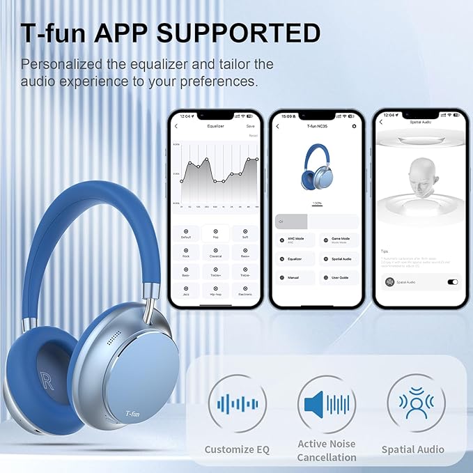 T-fun NC35 Hybrid Active Noise Cancelling Headphones, 360° Spatial Audio with Head Tracking, Over Ear Headphones Wireless Bluetooth 5.3, 55H ANC Playtime, Deep Bass, Custom EQ via App, for Travel Home