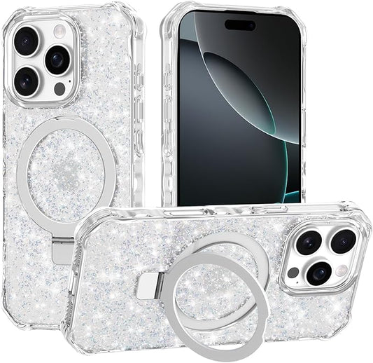 Magnetic for iPhone 16 Pro Case with Invisible Stand, Compatible with MagSafe, Clear Bling Sparkle Shockproof Slim Anti-Slip Military Drop Protection Hard Phone Case 6.1" Glitter Silver