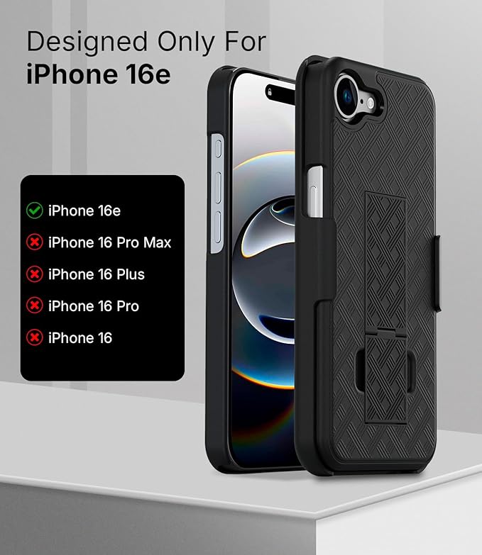 MOTIVE Designed for iPhone 16e Case with Belt Clip, Shell Holster Combo for Apple iPhone 16 e, Slim Rugged Case with Holster, Drop Shockproof Protective Cover & Kickstand 6.1" | Black - 2025