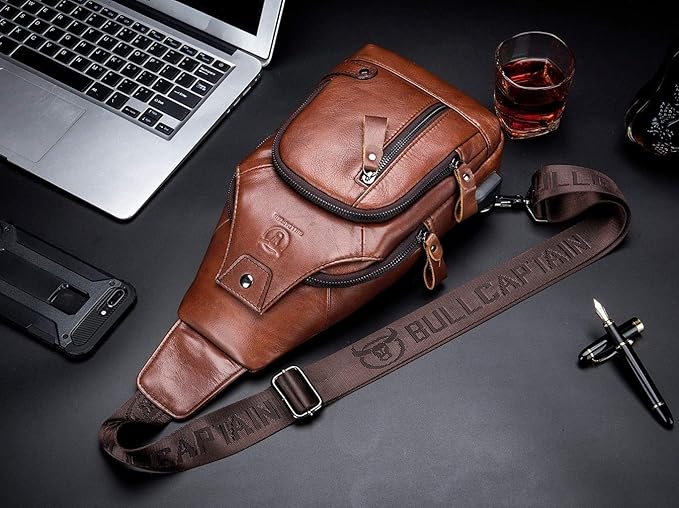 BULLCAPTAIN Genuine Leather Mens Sling Bag Multipurpose Travel Crossbody Chest Bag Daypacks with USB Charging Port (Brown)
