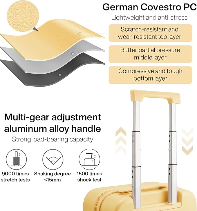 mixi 14 Inch Underseat Luggage Carry on Suitcase Free Boarding Personal Item Suitcases with Spinner Wheels Hardshell Lightweight PC for Short Travel, Lark Yellow
