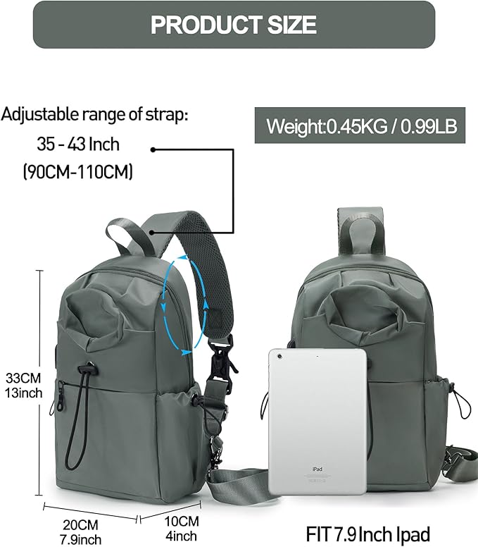 Small Green Sling Crossbody Backpack Shoulder Bag for Men Women - Mini One Strap Sling Bag Fanny Pack Daypack, Waterproof Nylon Chest Bag for Motorcycle Hiking Travel Gym Sport