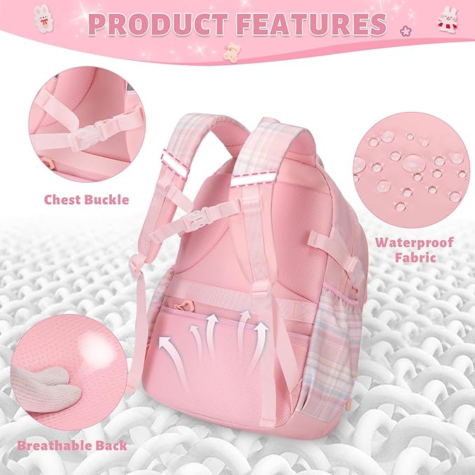 Backpack for Girls, Kids Girls Backpacks Set with Lunch Bag Pencil Case, Cute Bookbag Waterproof Backpack for Elementary Middle School, Pink