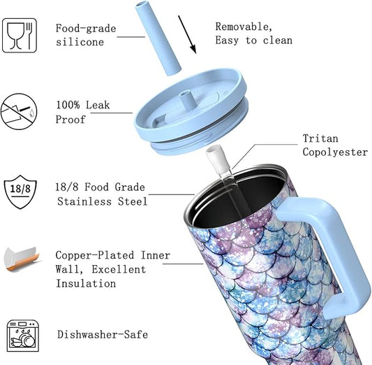 TILUCK 40 oz Tumbler with Handle, Vacuum Insulated Stainless Steel Travel Mug with 100% Leak-Proof Silicone Straw Lid, Cupholder Friendly Water Bottle(FishScales, 40oz)