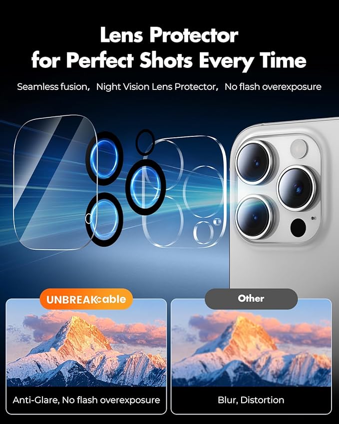 UNBREAKcable 2+2 Pack for iPhone 16 Pro Screen Protector & Lens Protector 【Military-Grade】【Easy Install】【Efficient Night Shot】9H+ Shatterproof Tempered Glass Film,Bubble-Free&Anti-Fingerprint ,Case Friendly-6.3 inch