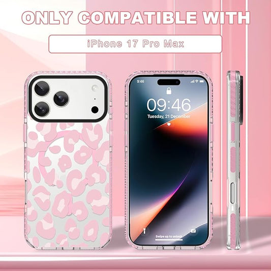 ZIYE Clear Case for iPhone 17 Pro Max Compatible with Magsafe, Pink Leopard Design Shockproof Soft TPU Bumper Hard PC Protective for Women Girls Magnetic Cover