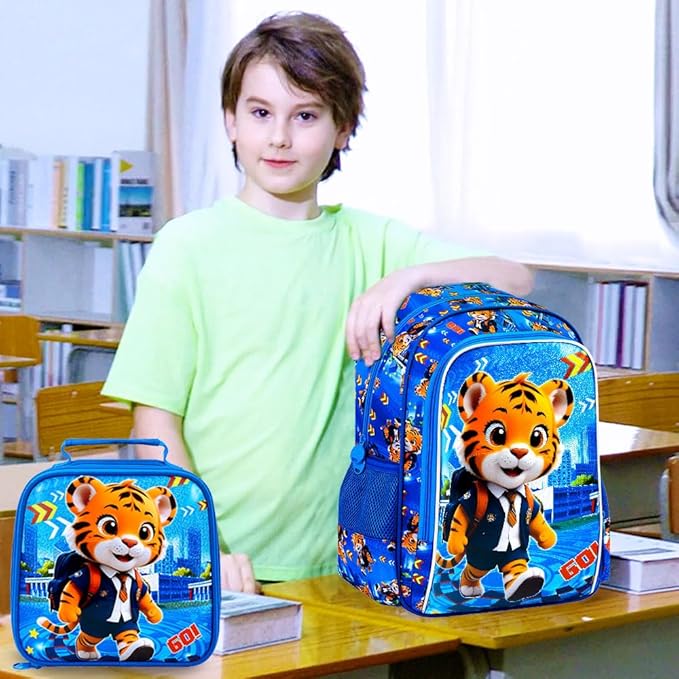 CCJPX 16" Kids Backpack for Boys, 3PCS Tiger Water Resistant Preschool Bookbags, Cool Kindergarten School Backpacks and Lunch Box