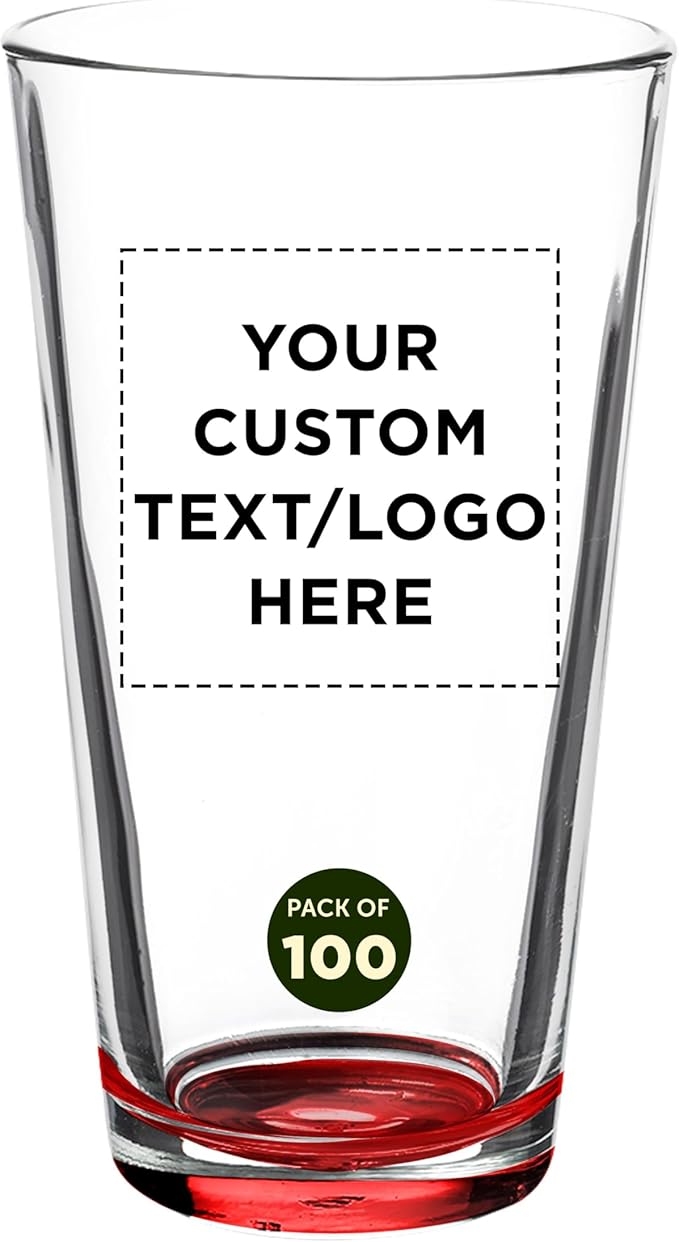 Custom Casale Pint Glass 16 oz. Set of 100, Personalized Bulk Pack - Beer Glasses, Heavy Duty Drinkware - Red