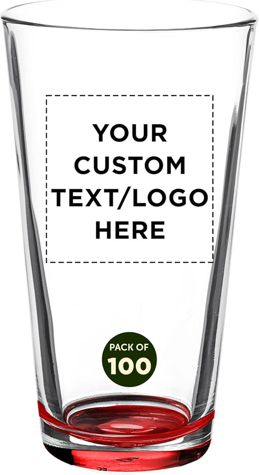 Custom Casale Pint Glass 16 oz. Set of 100, Personalized Bulk Pack - Beer Glasses, Heavy Duty Drinkware - Red