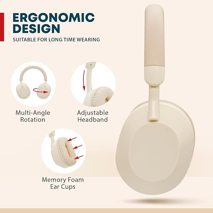 Gabba Goods Wireless Bluetooth Over-Ear Headphones – Deep Bass, 40mm Drivers, Built-in Mic, FM Radio, SD Card Playback, USB-C Fast Charging, 6H Playtime, Lightweight Comfort (Beige)