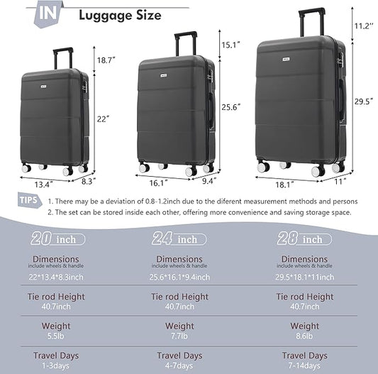 Merax Luggage Sets of 3 Piece Carry on Suitcase Airline Approved,Hardcase Suitcase Set with Double Spinner Wheels,Charcoal