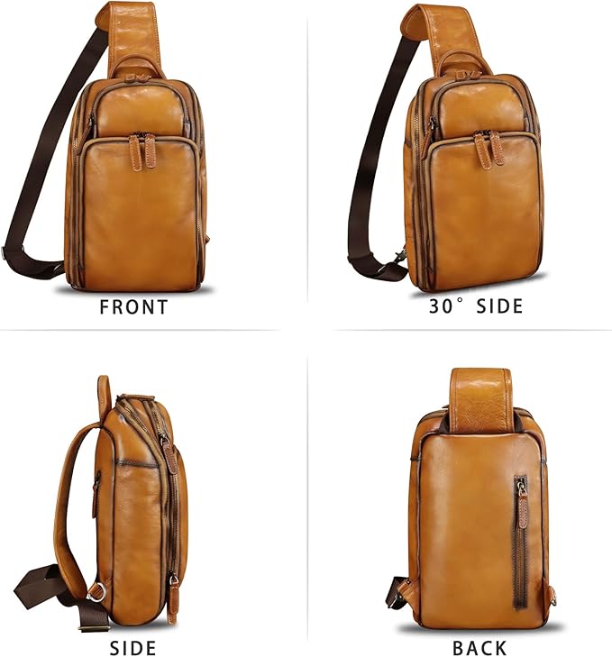 Genuine Leather Sling Bag for Men and Women Vintage Leather Sling Backpack Crossbody Bag Chest purse for 11 Inch Ipad Pro