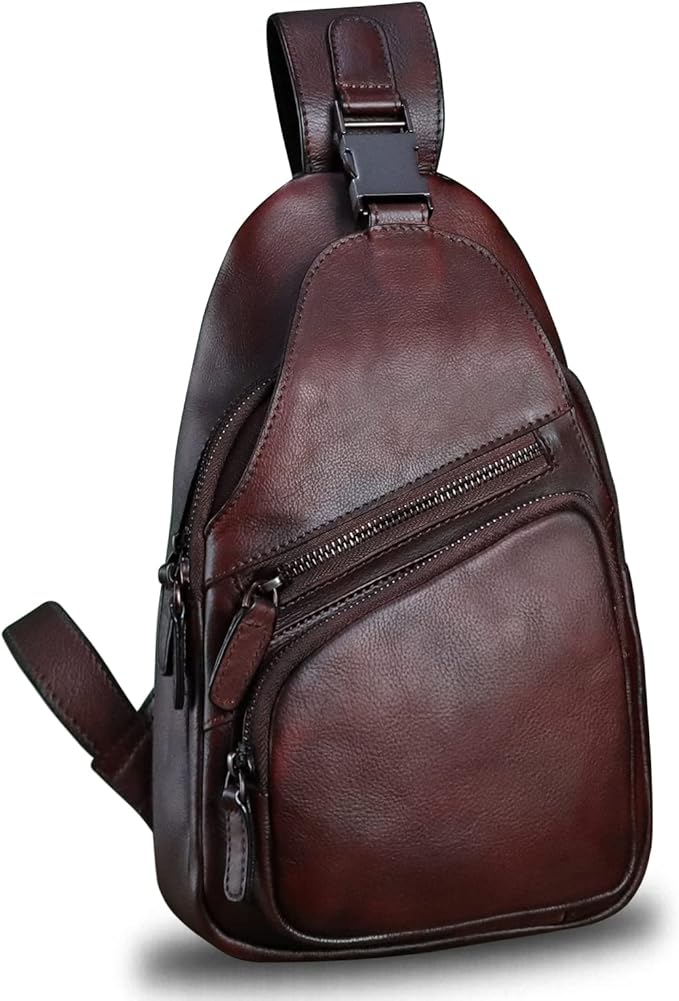 Genuine Leather Sling Bag Crossbody Purse Handmade Hiking Daypack Motorcycle Bag Retro Shoulder Backpack Vintage Chest Bag (Coffee)