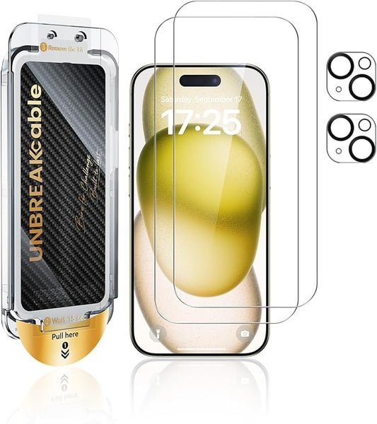 UNBREAKcable 2+2 Pack for iPhone 15 Plus Screen Protector & Lens Protector 【Military-Grade】【Easy Install】【Efficient Night Shot】9H+ Shatterproof Tempered Glass Film,Bubble-Free&Anti-Fingerprint ,Case Friendly-6.7 inch