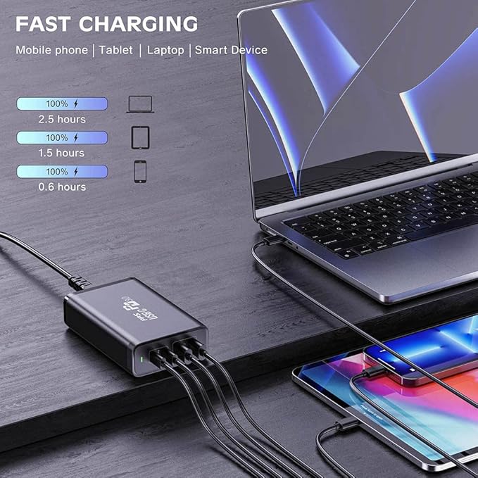 245W USB C Desktop Charger, GaN 4 Ports PD 100W Fast Charging Station Power Adapter Compatible with MacBook Pro/Air, iPad Pro/Mini, iPhone 14 13 Pro Max, Samsung Galaxy, Pixel and More